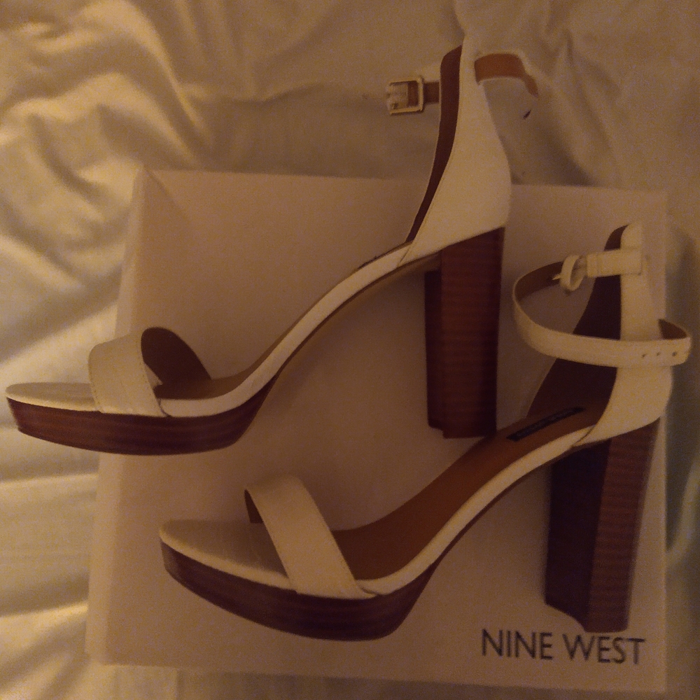 Nine West White Heeled Sandals with Chunky Block Heel
